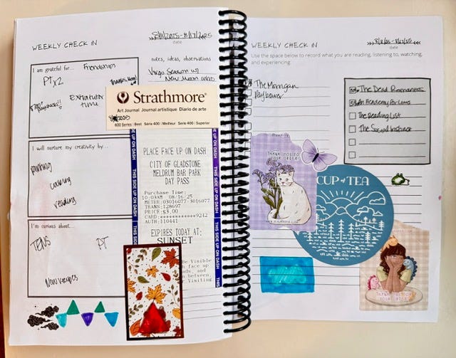 additional journaling pages. first page is a junk journaling collage from our trip to Olympia, Washington. The next page is the weekly spread where I list the books I am listening to and reading with my eyes, gratitude, creative endeavors, and things I am curious about. It also has junk journaling collages from that specific week. This week has a receipt from the river parking meter, a strathmore logo from a notebook my mom sent me, packaging stickers with a cat from mochibujo, and a sticker from Cup of Tea. The third page is a wall of text from my Mother Mary Oracle and Mary Magdalene Oracle and the Sacred Creators Oracle. The final page is a daily tracker where I write my tarot messages from the ancestors. This month had stickers of hibiscus and a mama and baby monkey together.