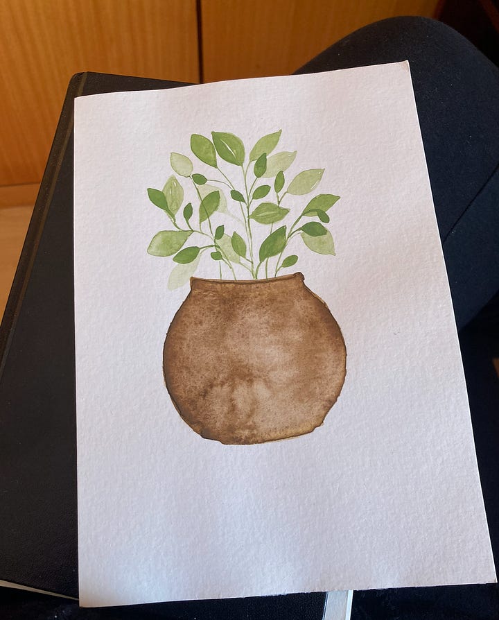 A flower in a garden with a little boy in the background, feet up with a blue sky in the background, a journal, portuguese pastry and coffee in a café, a watercolour painting of a plant in a brown pot