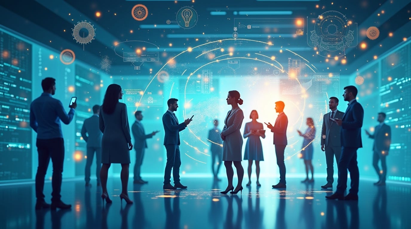 A digital illustration symbolizing the future of employment in the age of AI and automation. The scene shows a diverse group of professionals standing within a modern office or digital workspace, surrounded by holographic interfaces and subtle AI motifs such as glowing circuit patterns or robotic arms assisting with tasks. The lighting blends cool blues and teals to convey stability and trust, with soft golden highlights symbolizing opportunity and human potential.
In the background, abstract visuals of gears, data streams, and neural patterns subtly represent technology’s presence in daily work life. The overall mood is optimistic and forward-looking, reflecting themes of adaptation, innovation, and human connection in an evolving workforce.