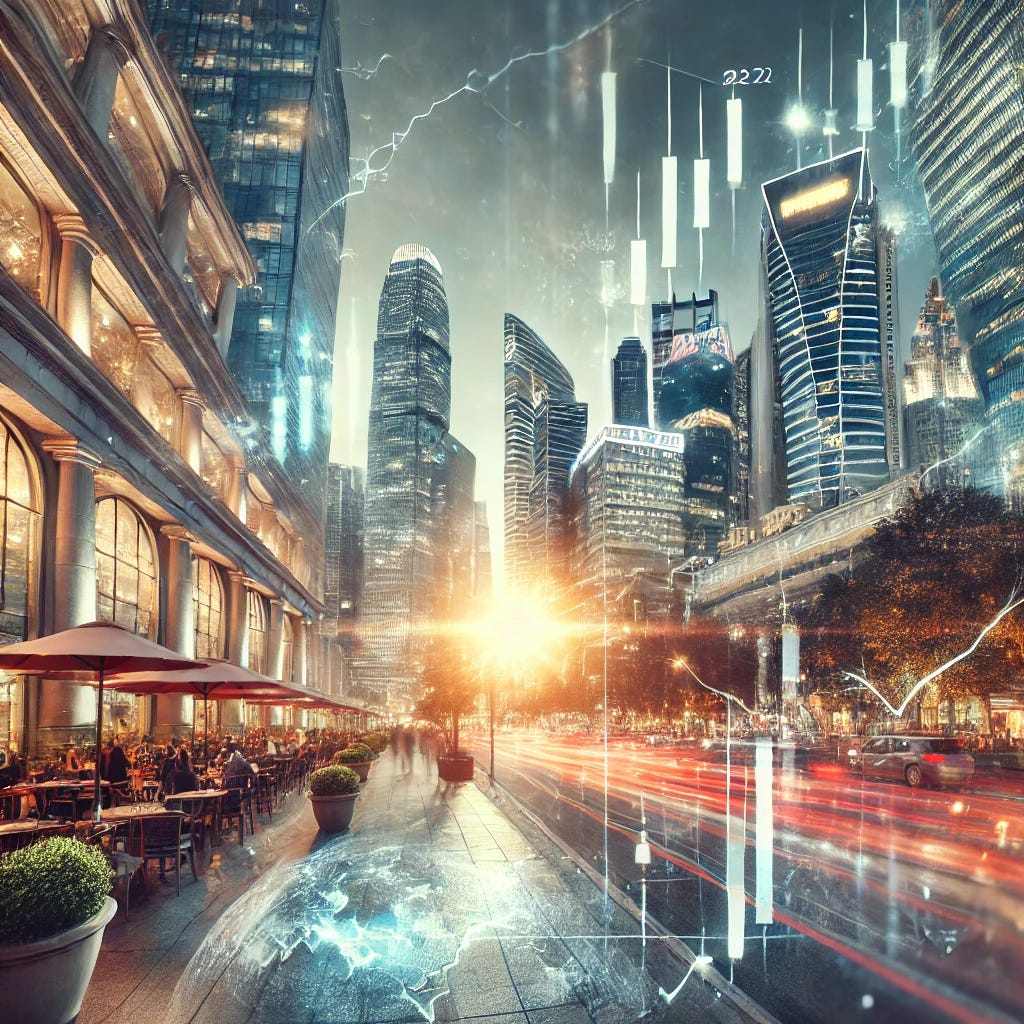 A visually captivating image representing a humming economy with subtle cracks forming. The scene features a bustling modern city skyline with gleaming skyscrapers and active financial markets depicted through digital stock tickers. The foreground includes a prosperous urban street scene with vibrant commerce, like cafes and people walking, but subtle visual cues, such as faint cracks on the pavement and a slight fissure on a prominent building, hint at underlying instability. The overall tone is optimistic yet nuanced, with bright lighting and dynamic composition.