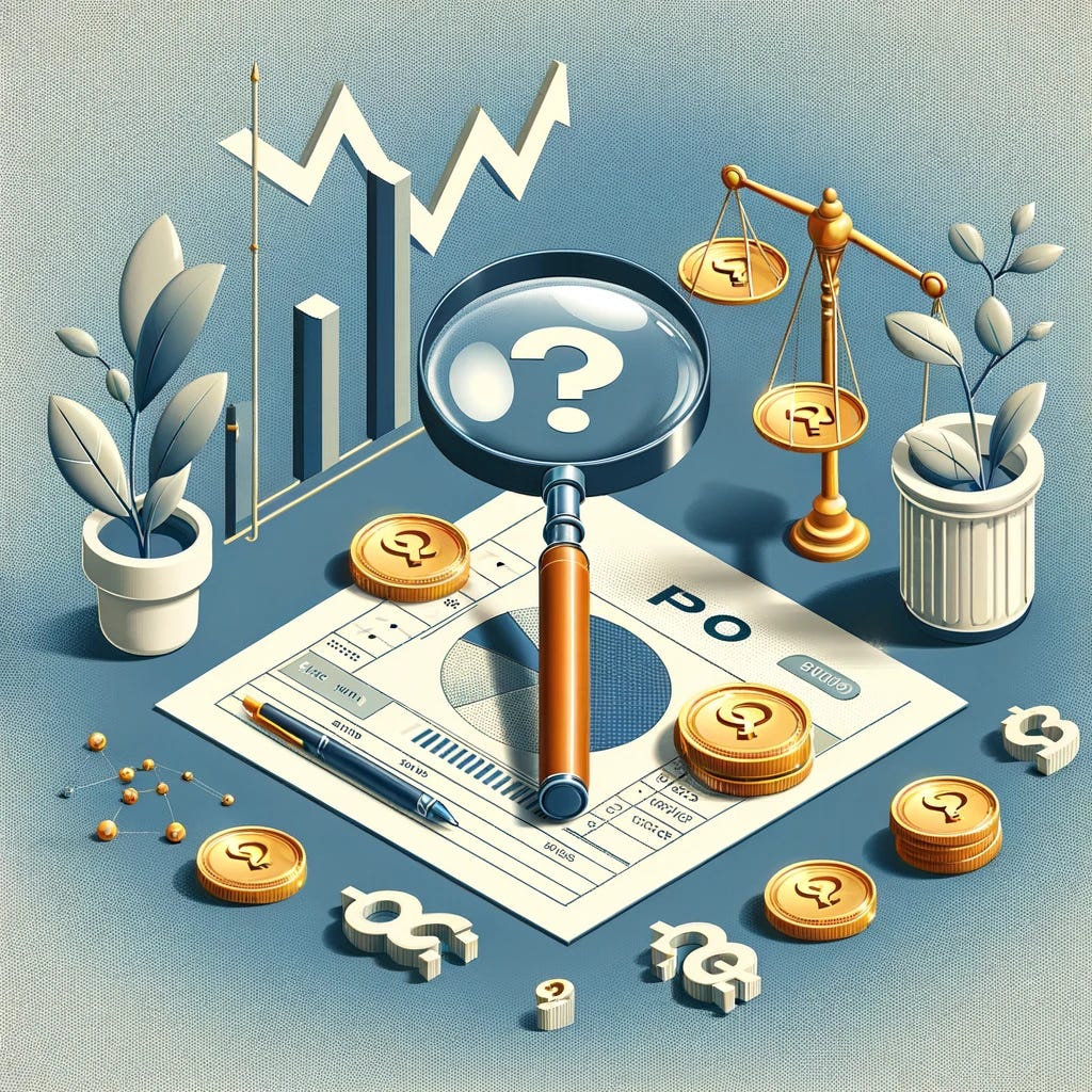 Create a clean and aesthetically pleasing image that represents the concept of evaluating Initial Public Offerings (IPOs) with a critical eye. The image should depict symbolic elements like a magnifying glass over stock certificates, a graph with question marks, or a balance scale weighing IPO shares against gold coins, to convey the idea of careful consideration and analysis before investing in IPOs. The style should be minimalistic with a modern touch, using a color palette that suggests caution and diligence.