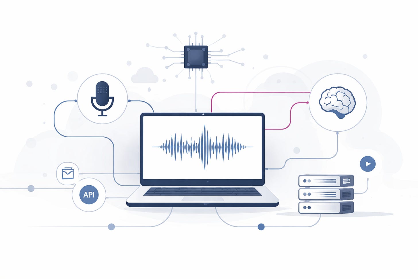Laptop with an audio waveform, connected by thin lines to icons for a microphone, processor, brain, and servers, representing a speech-to-text processing flow.