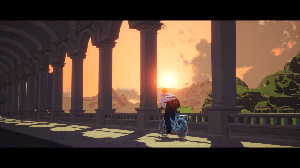Season A Letter to the Future gameplay showing a character cycling through tranquil scenery.