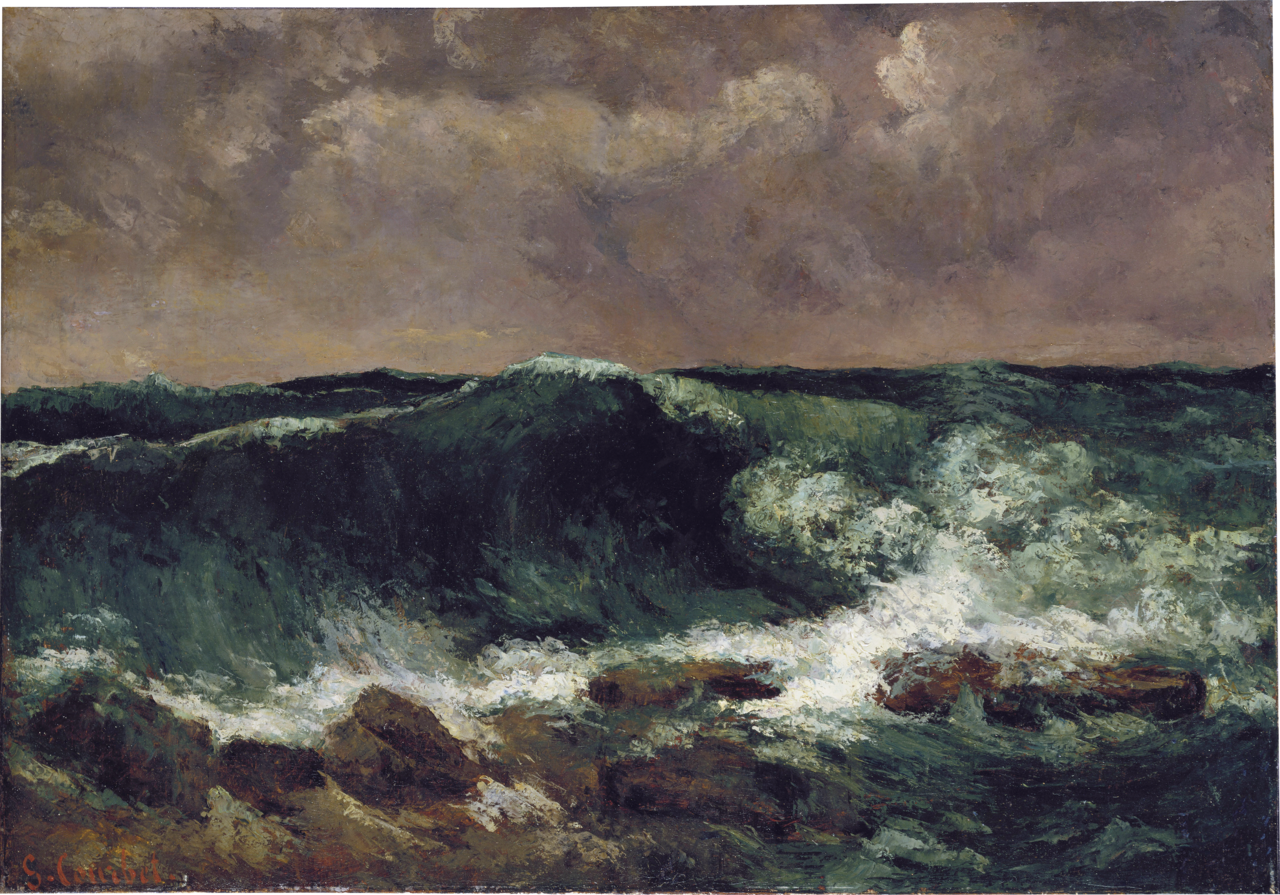 A single green wave rearing toward a stormy sky