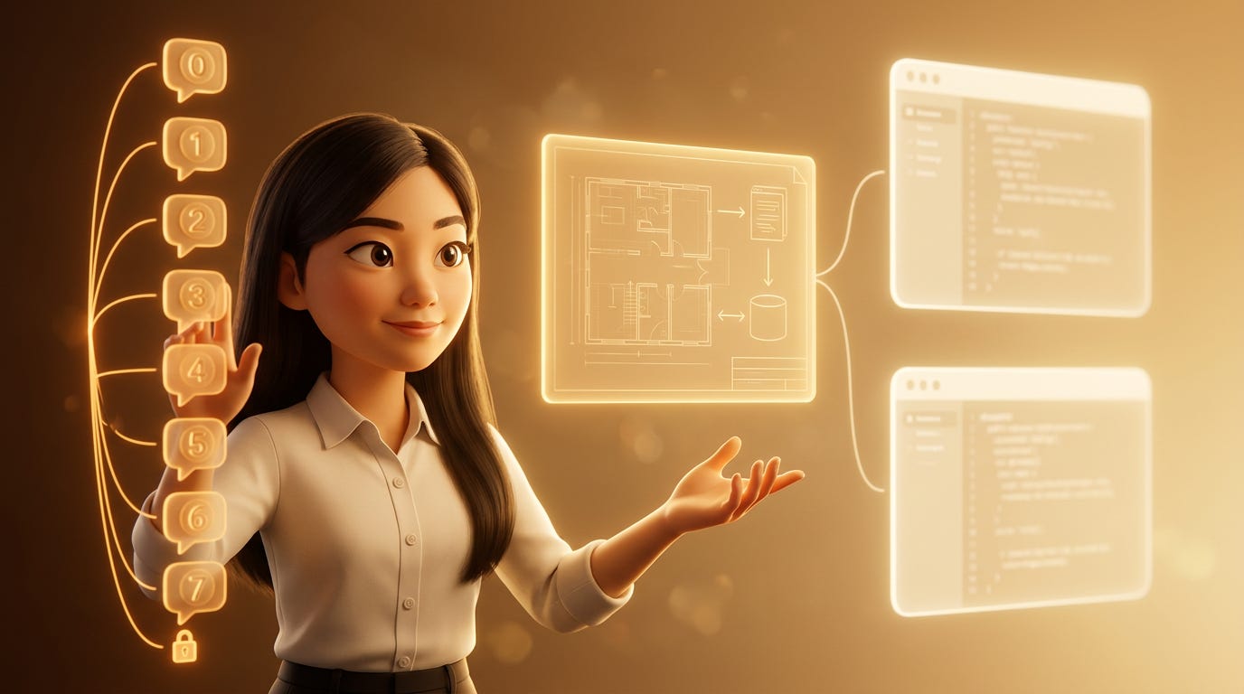 Pixar-style 3D illustration of Jenny Ouyang from Build to Launch orchestrating the 7-round AI prompting system — left hand raised toward a cascade of 8 numbered conversation bubbles (rounds 0 through 7) connected by glowing lines with a lock at the bottom, eyes focused on a glowing architecture blueprint floating at center, right hand extended toward two coding tool interface panels on the right receiving the prompts, representing the complete system for prompting AI to build any app from idea to production. Build to Launch by Jenny Ouyang