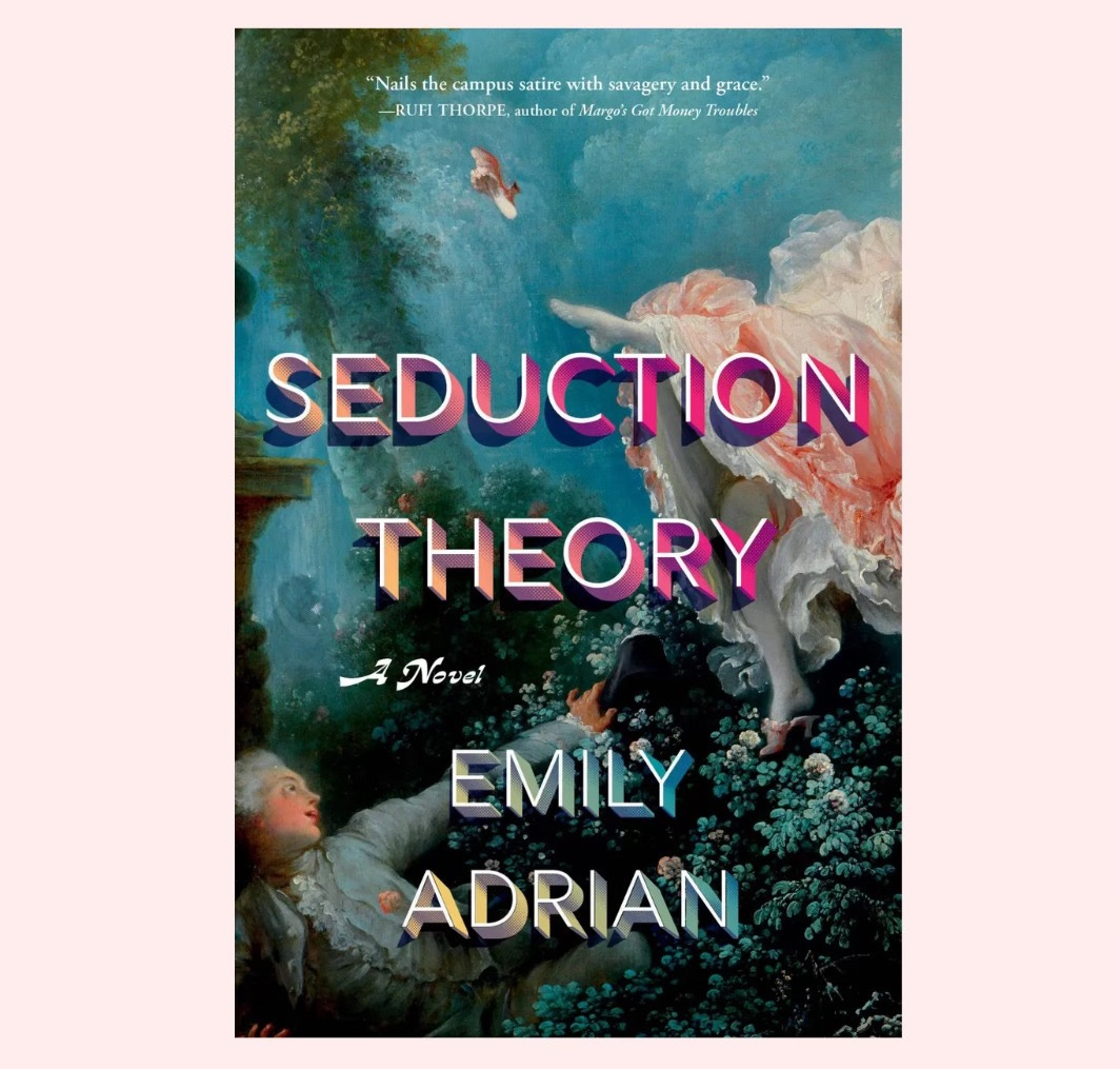 Cover of Seduction Theory by Emily Adrian, featuring bold neon text and Fragonard's "The Swing."