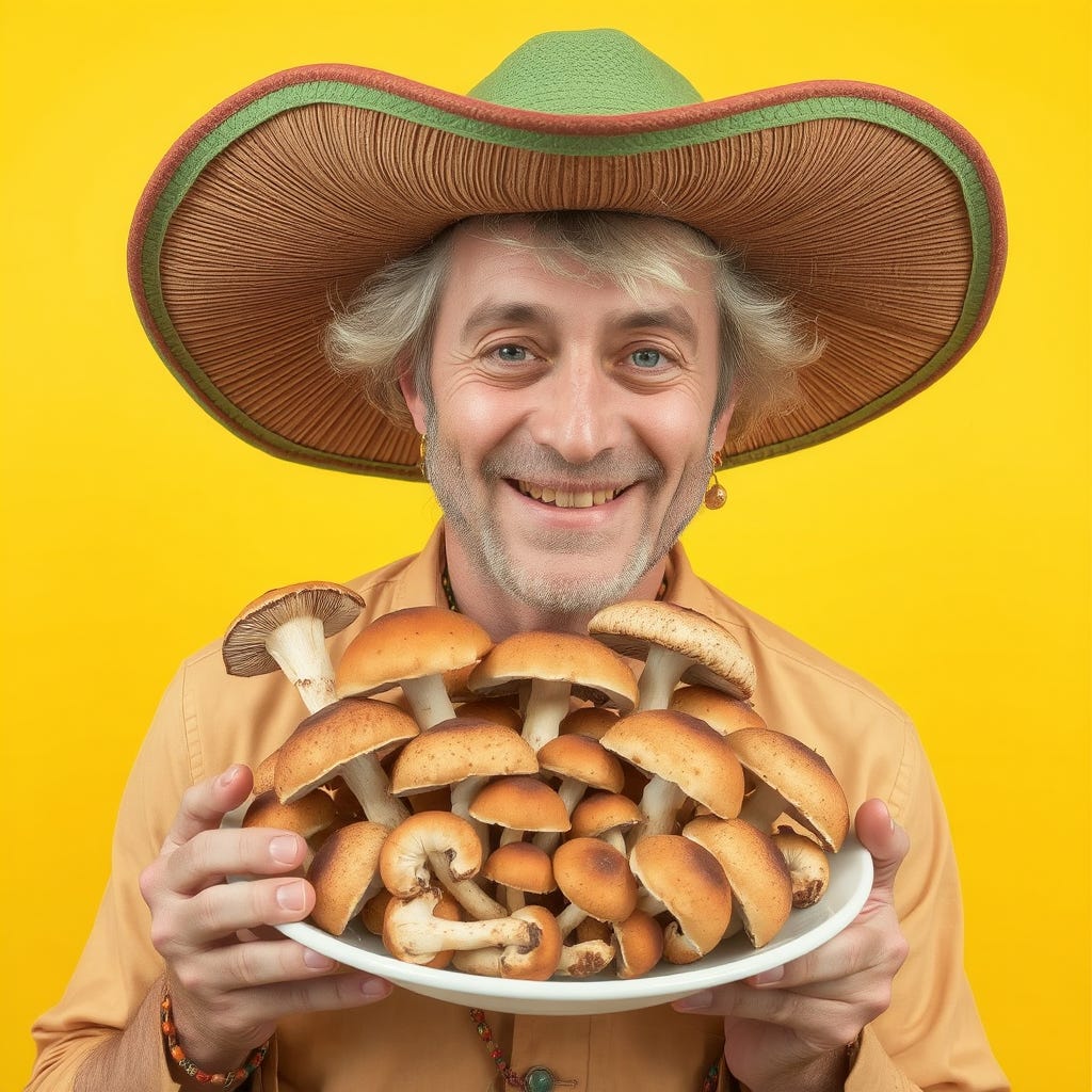 Happy 40-year-old, satin-haired, Caucasian man with vivid color clothes, wearing a green hat, holding a plate full of oversized magic mushrooms, wearing contrasting vivid color accessories, isolated on a vivid contrasting Happy 40-year-old, satin-haired, Caucasian man with vivid color clothes, wearing a green hat, holding a plate full of oversized magic mushrooms, wearing contrasting vivid color accessories, isolated on a vivid contrasting