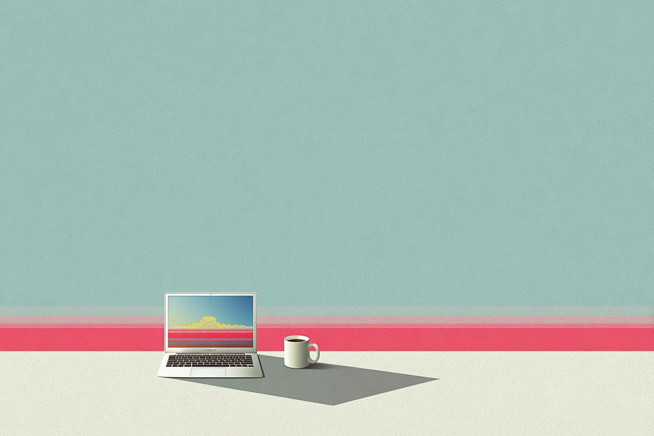 illustration of a laptop and coffee cup on a large desk outside with a blue background illustration of a laptop and coffee cup on a large desk outside with a blue background