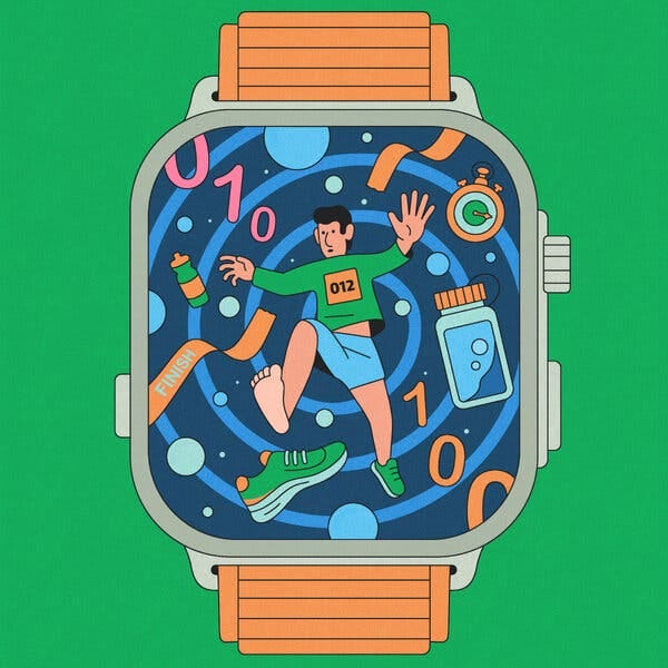 An illustration of a runner, a timer, water bottles, and a torn finish line falling into a void within a fitness watch. An illustration of a runner, a timer, water bottles, and a torn finish line falling into a void within a fitness watch.