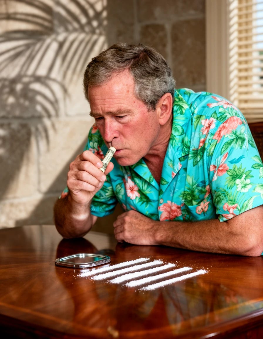 George W. Bush "Dubya" wearing a Hawiian shirt and snorting cocaine