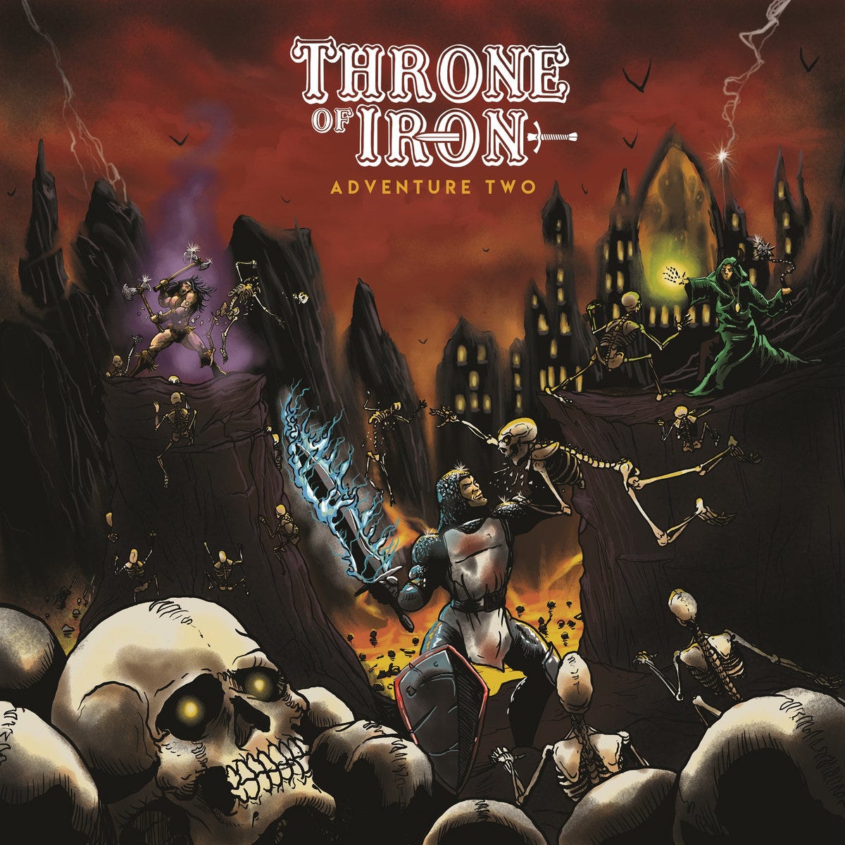 Album cover artwork by David Paul Seymour for Throne of Iron's Adventure Two. In the foreground are skulls and in the background are multiple scenes of warriors battling skeletons.