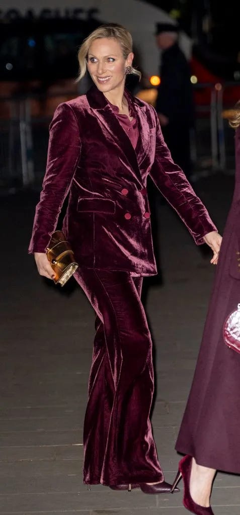 Zara Tindall wearing a velvet burgundy suit