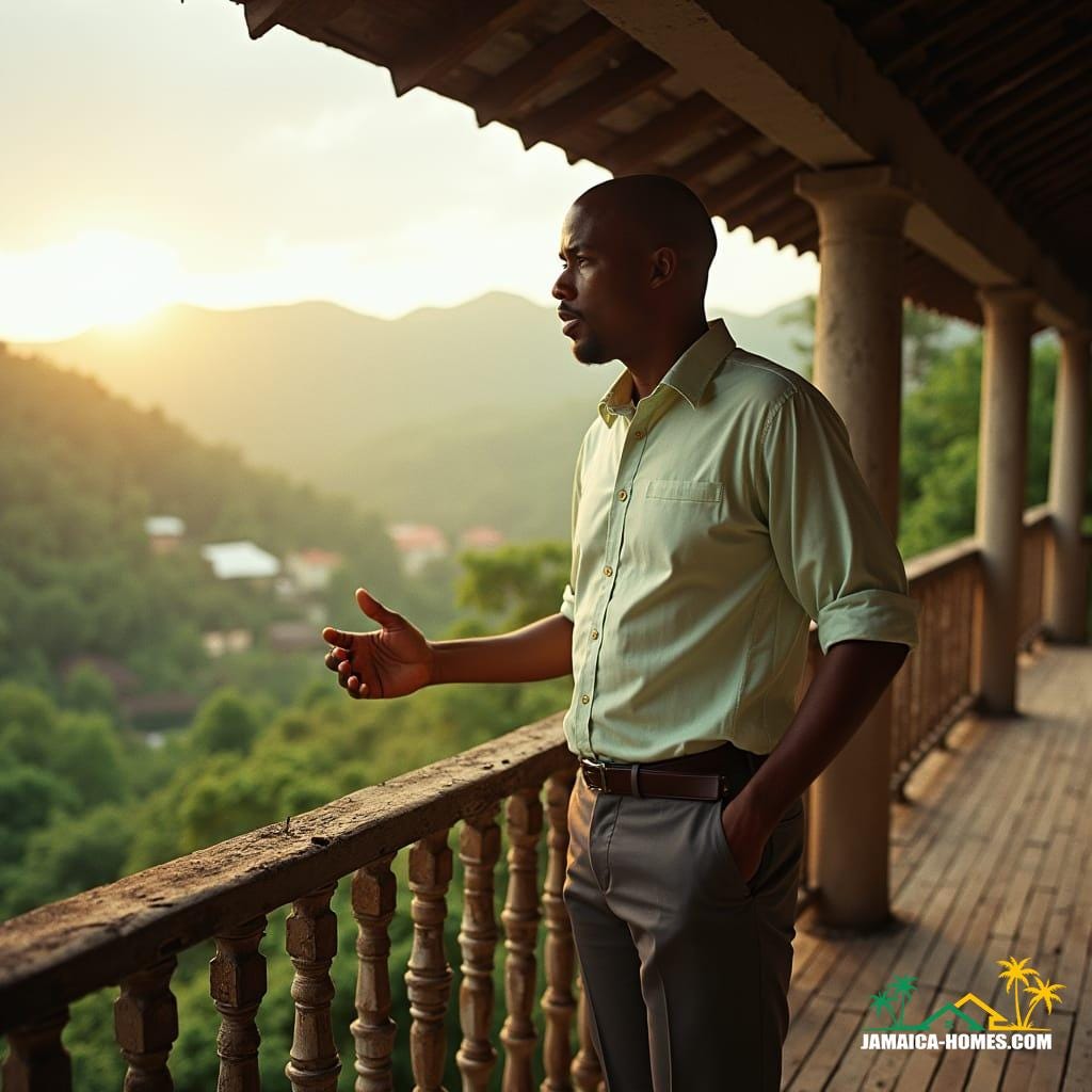 Planning officer in crisp, pastel-colored shirt and slacks, standing on a worn, wooden veranda overlooking a lush Jamaican hillside, gesturing emphatically to his team as he outlines local building restrictions, the warm, golden light of the Caribbean sun casting long shadows across his face, a faint mist hovering in the valleys below.