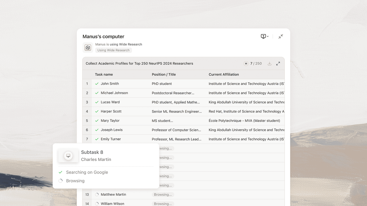 Large screenshot of the Manus computer interface showing multiple subtasks running in parallel. Large screenshot of the Manus computer interface showing multiple subtasks running in parallel.
