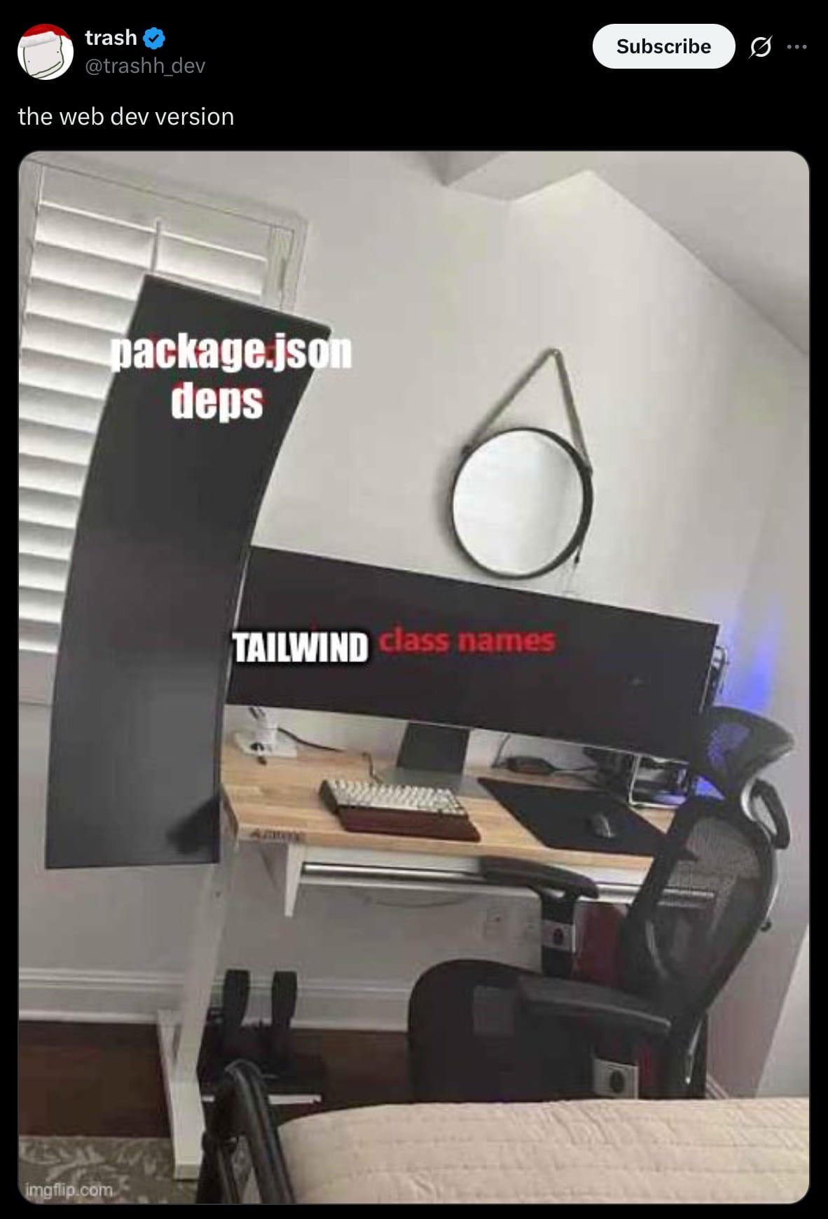 A huge vertical screen with "package.json" deps and huge horizontall screen with "tailwind class names"