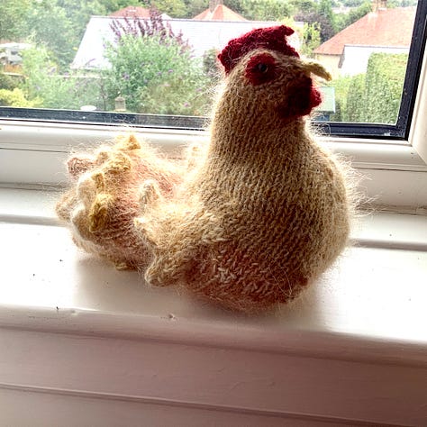 A knitted checking and a knitted rabbit become acquainted, the rabbit is sitting on the chicken and then the chicken is stood up.