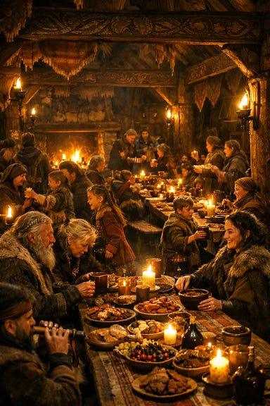 Soldav longhouse filled with mountain folk during the Night of Clear Skies, firelit hall crowded with elders, children, musicians, and villagers in furs and woven garments, long tables laden with food, carved beams and woolen runners glowing in torchlight, atmosphere of ancient celebration and Barovian Gothic warmth