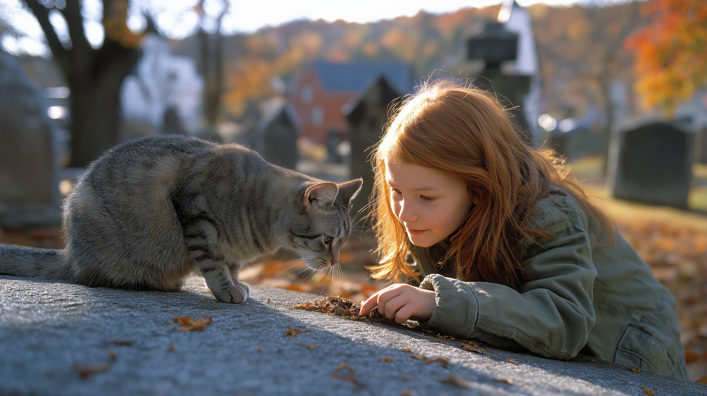 Young girl with auburn hair feeds a gray tabby cat in a sunlit cemetery, surrounded by autumn leaves and weathered gravestones.