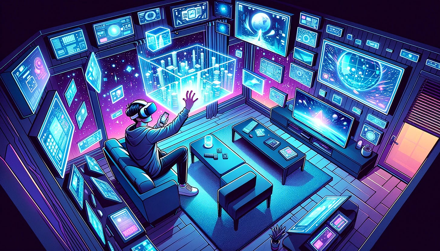 Illustration of a guy engrossed in a virtual world inside his living room, thanks to the Meta Quest 3 VR headset. His walls are filled with glowing virtual screens, and he's reaching out to touch a floating virtual display.