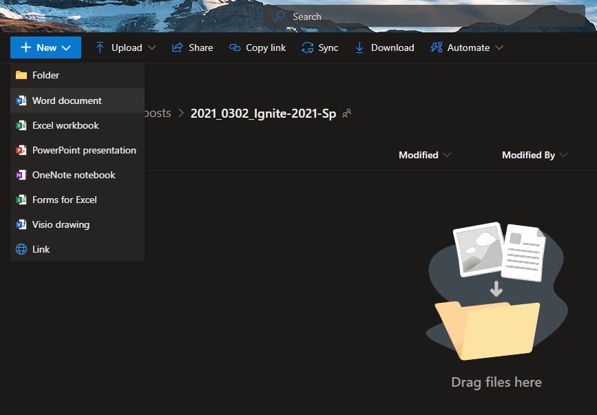 Create a new Word document directly from within OneDrive.