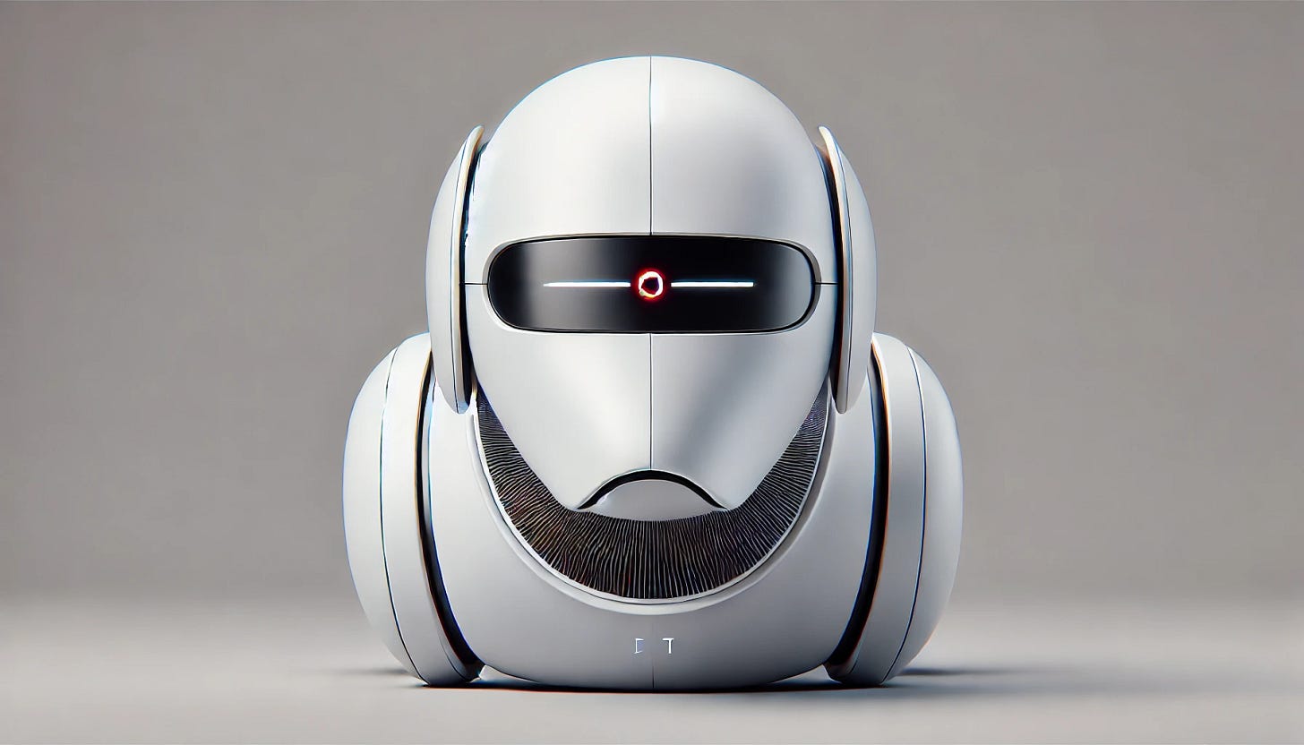 A hyper-realistic depiction of a futuristic robot dog with a sleek, entirely white body. The head features a horizontal black band where the eyes would typically be, with a single, striking red dot at the center, symbolizing alertness and scanning. The style should be clean and sophisticated, set against a neutral, minimalist background, emphasizing the robotic dog's precise, high-tech appearance.