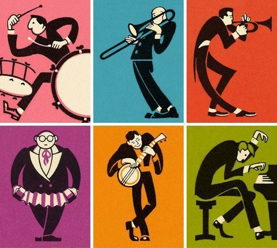 This may contain: four different colored images of people playing instruments