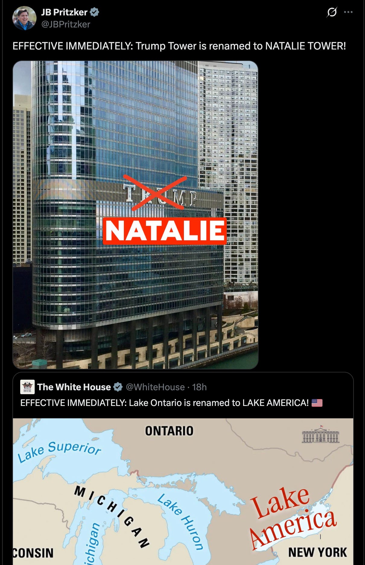 Pritzker: EFFECTIVE IMMEDIATELY: Trump Tower is renamed to NATALIE TOWER! Pritzker: EFFECTIVE IMMEDIATELY: Trump Tower is renamed to NATALIE TOWER!