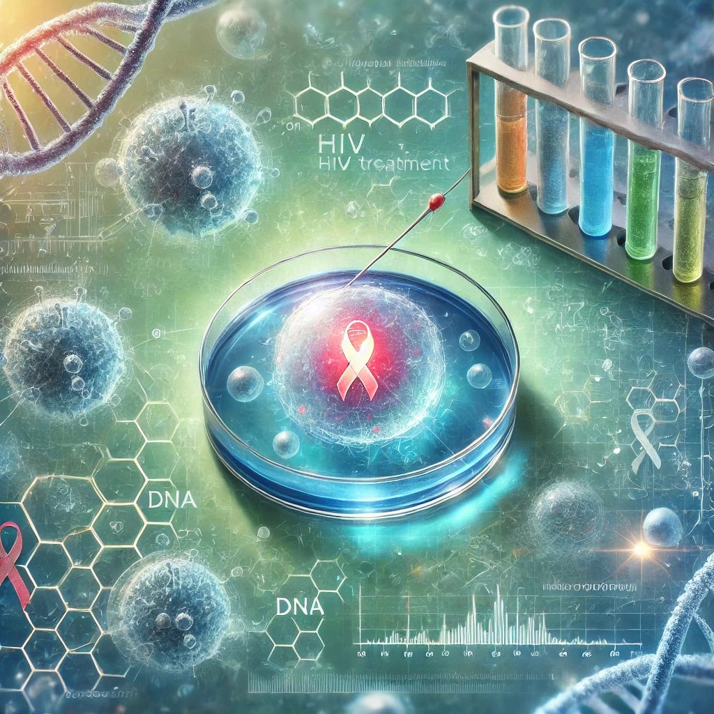 A detailed digital illustration depicting a medical scene focused on HIV treatment. The image shows a vibrant, hopeful atmosphere in a modern medical lab. Central to the image is a glowing stem cell in a Petri dish, surrounded by a network of interconnected cells, symbolizing the breakthrough in HIV treatment. The background subtly includes elements of genetic research, such as DNA strands, and futuristic medical technology. The overall color scheme is a blend of soft blues and greens with touches of light, indicating hope and progress.