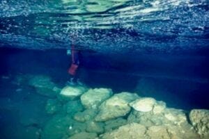 View of the submerged stone bridge from Genovesa Cave, Mallorca, Spain. Credit R. Landreth