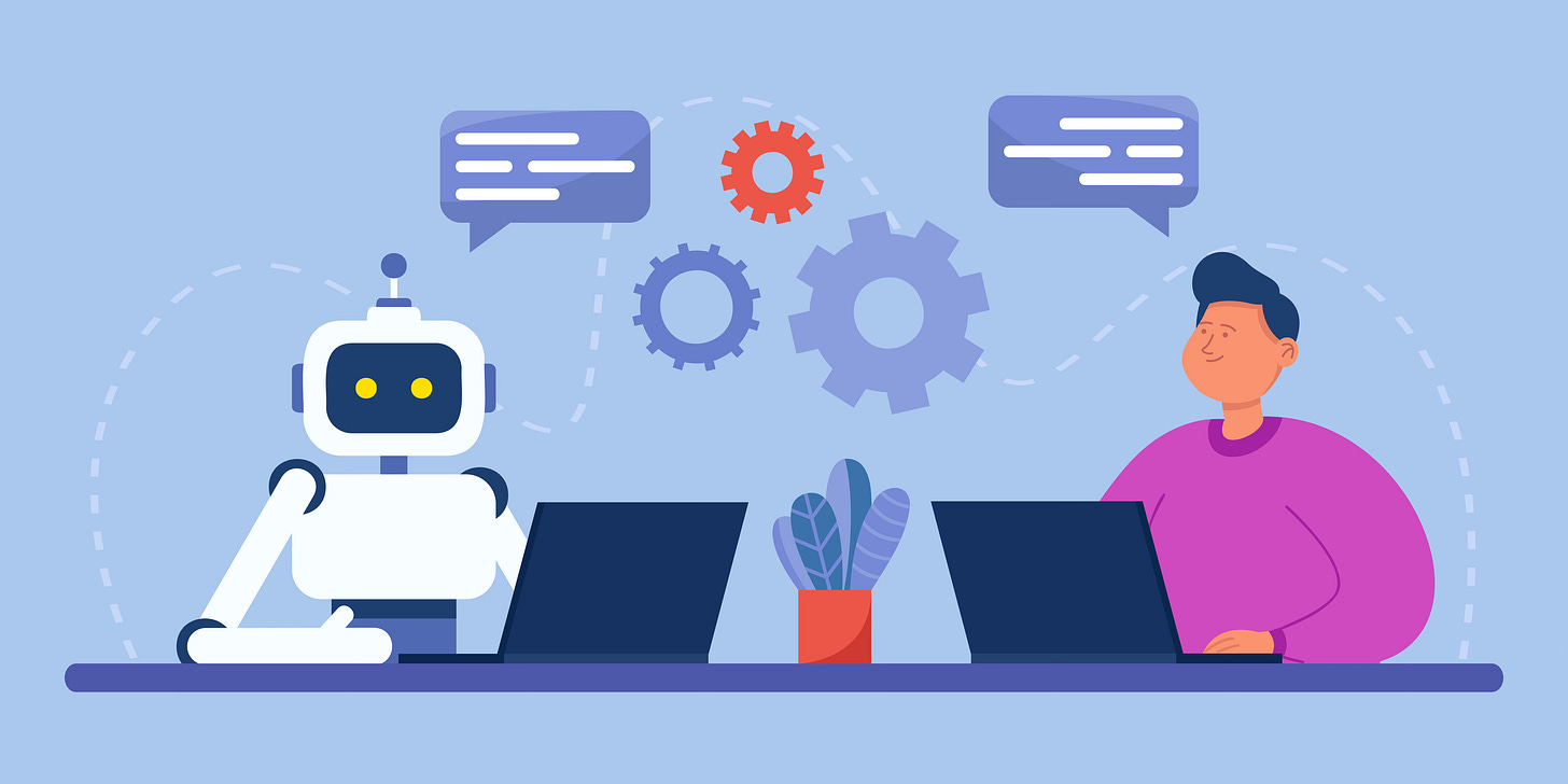 A robot and a human sitting at computers and chatting