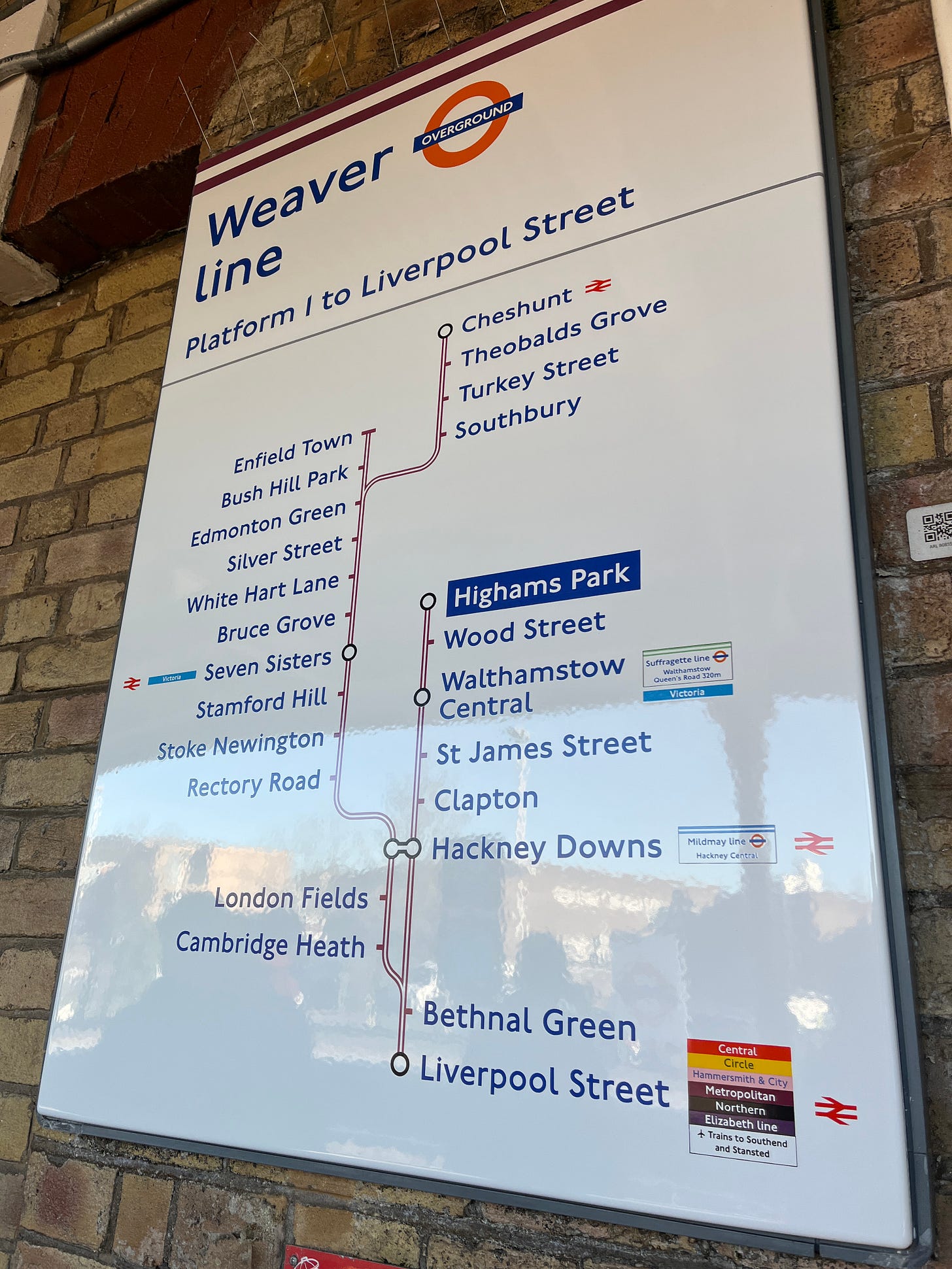 Photo of a platform line diagram at Highams Park which shows all the stations on the other side of the "line".