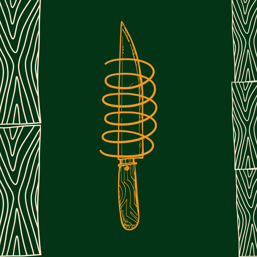 Image of hand drawn knife surrounded by a spiral