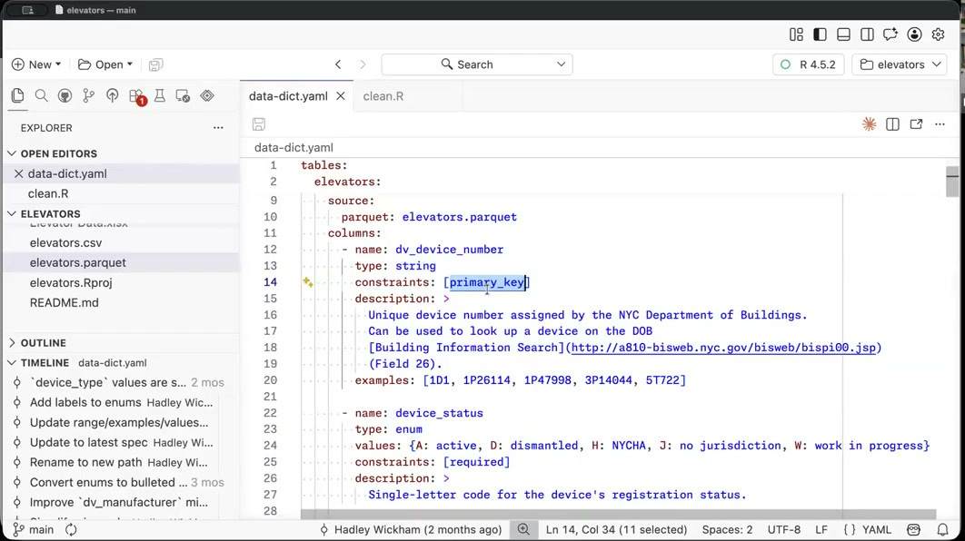 Demo: the dv_device_number column in the data dictionary — its string type, the primary_key constraint, a free-text description, and five example values Demo: the dv_device_number column in the data dictionary — its string type, the primary_key constraint, a free-text description, and five example values