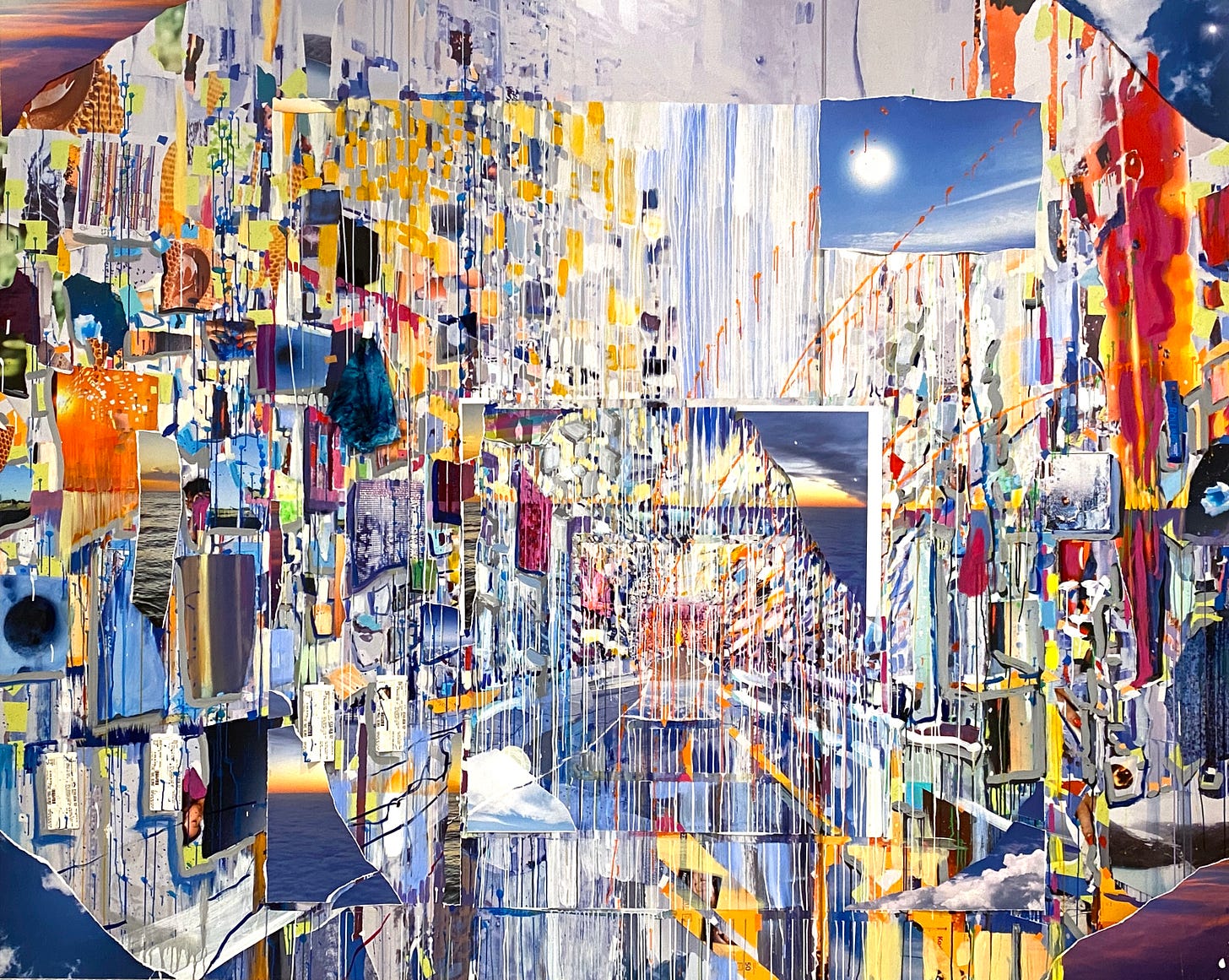 A busy, colorful collage-painting with many layers of paint and sheets of torn paper. You can make out some partial images of the sun, sea, and sunsets. You can also see drips and splashes of paint. The dominant colors are blue and orange. Elements of the painting converge on a layered central image with radiating lines of perspective, evoking a city street with buildings and sky.