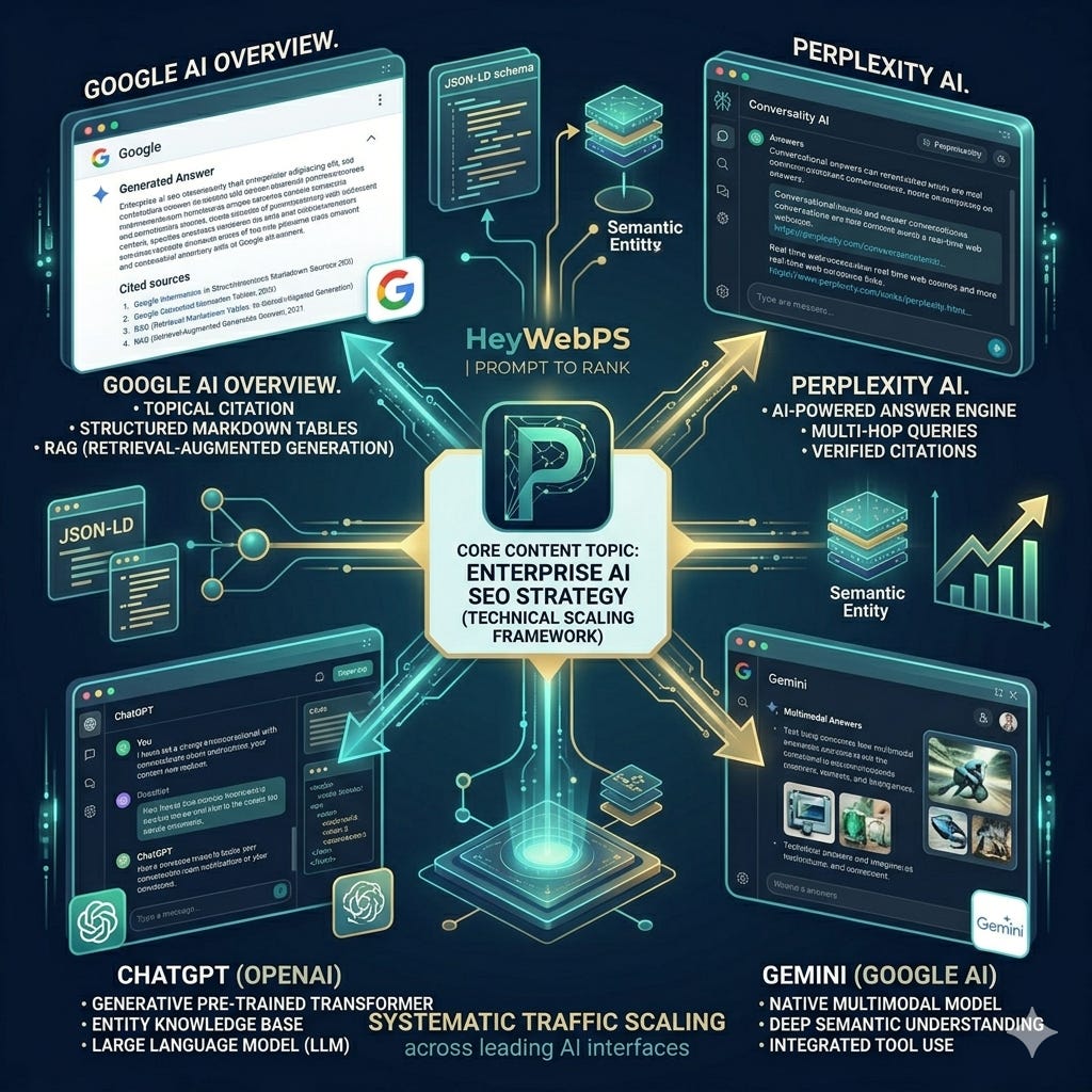 Entity map connecting AI platforms and SEO concepts to a central content topic Entity map connecting AI platforms and SEO concepts to a central content topic