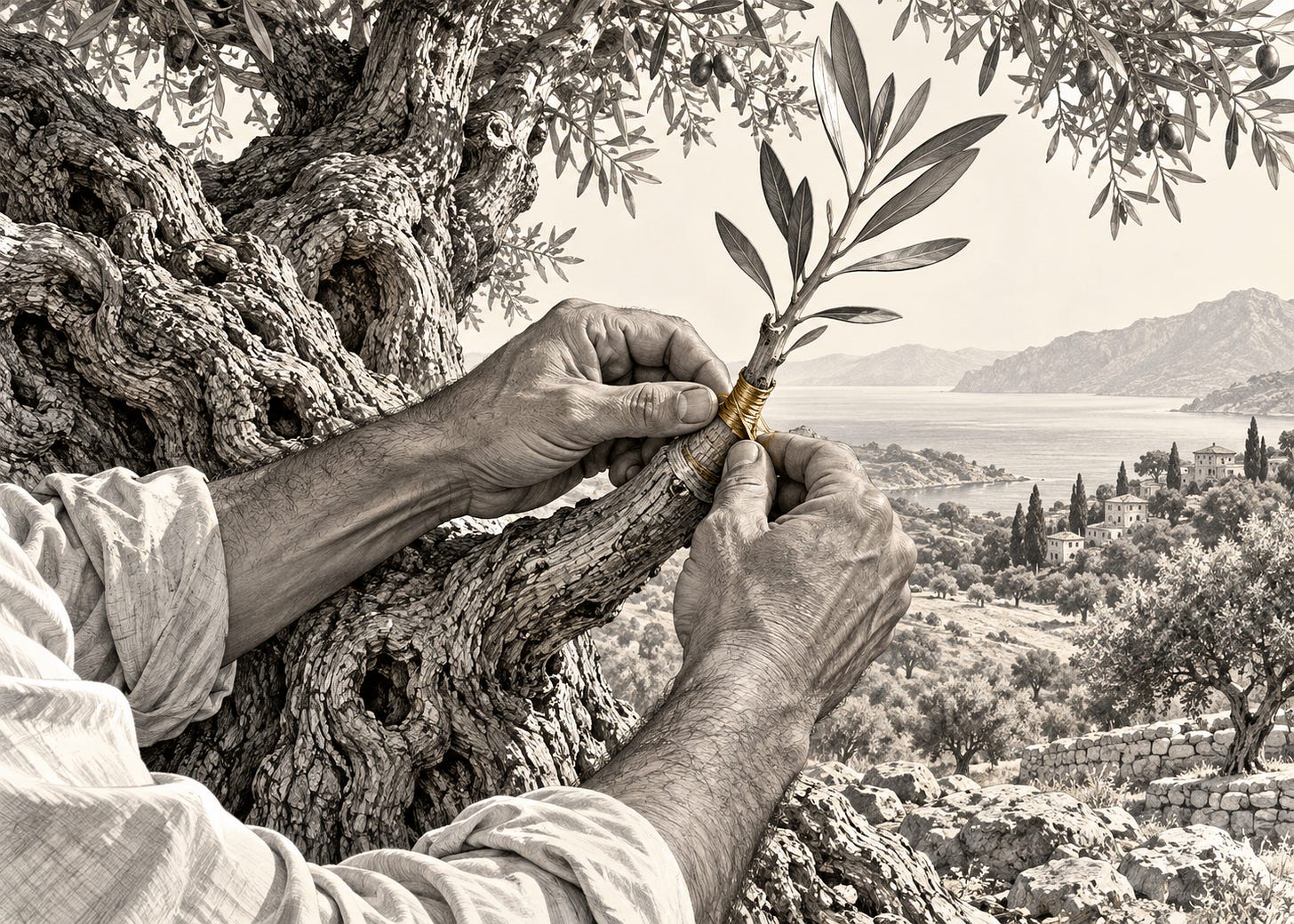 Hands secure a young olive branch to a mature tree, with a gold accent at the graft and the established trunk and canopy still intact.