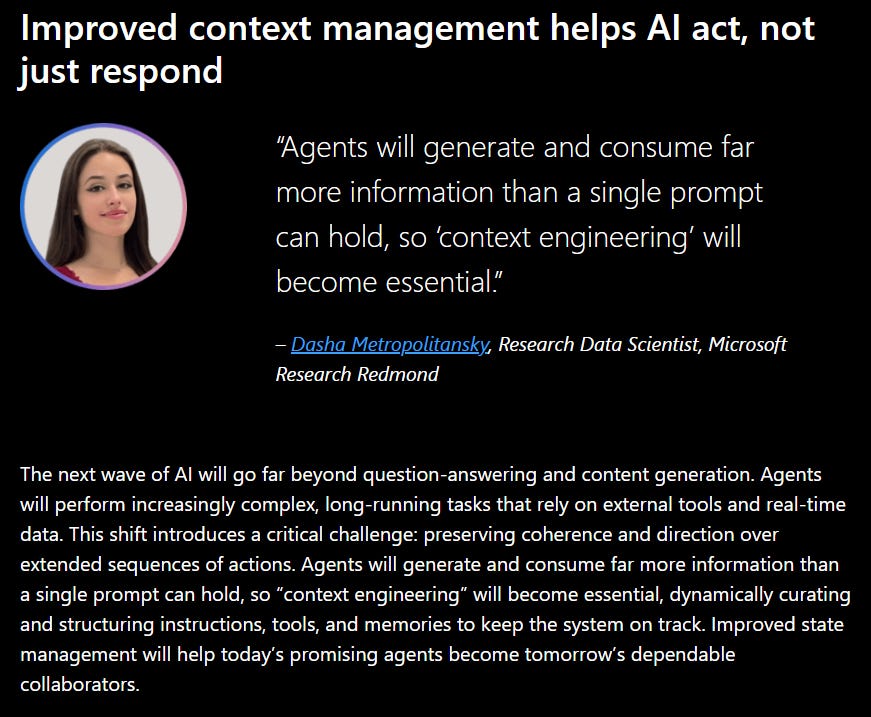 Quote graphic about AI agents and context engineering featuring Microsoft Research commentary on long-running AI workflows.