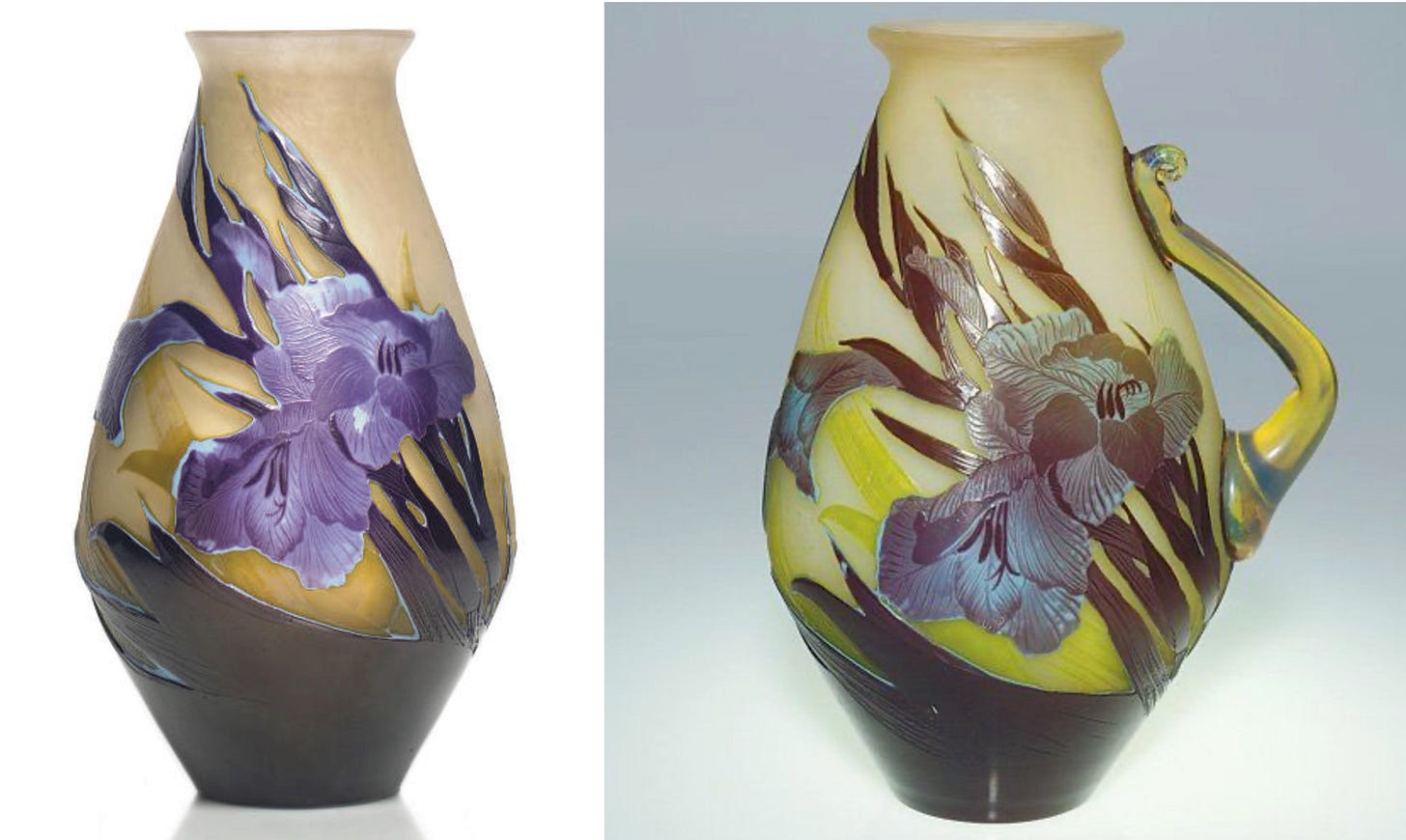 Variants of the type B Glaïeuls without and with handles (one might be missing on the left side of the second vase). Left, Christies 2007-11-07 lot 544; right, Humler & Nolan Cincinnati 2008-06-07. No signature visible on either vase. Variants of the type B Glaïeuls without and with handles (one might be missing on the left side of the second vase). Left, Christies 2007-11-07 lot 544; right, Humler & Nolan Cincinnati 2008-06-07. No signature visible on either vase.