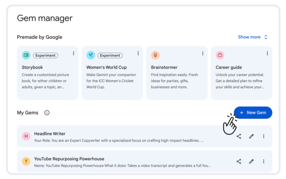 Gem manager interface showing premade Google Gems and My Gems section with New Gem button highlighted