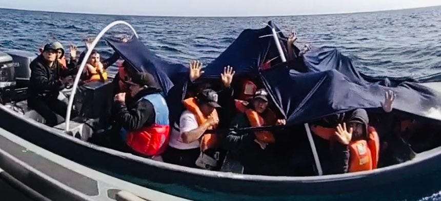 These eighteen migrants were intercepted on a cartel smuggling boat by US authorities in the Pacific Ocean in International waters off Ensenada, Mexico, on April 21, 2026. (US Customs & Border Protection photo) These eighteen migrants were intercepted on a cartel smuggling boat by US authorities in the Pacific Ocean in International waters off Ensenada, Mexico, on April 21, 2026. (US Customs & Border Protection photo)