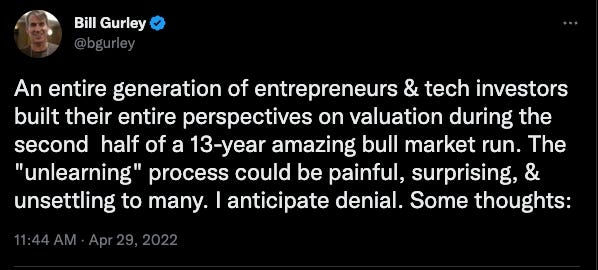 Tweet from VC Bill Gurley that says; “Survivorship bias or survival bias is the logical error of concentrating on entities that passed a selection process while overlooking those that did not. This can lead to incorrect conclusions because of incomplete data. Survivorship bias is a form of selection bias that can lead to overly optimistic beliefs because multiple failures are overlooked.” Tweet from VC Bill Gurley that says; “Survivorship bias or survival bias is the logical error of concentrating on entities that passed a selection process while overlooking those that did not. This can lead to incorrect conclusions because of incomplete data. Survivorship bias is a form of selection bias that can lead to overly optimistic beliefs because multiple failures are overlooked.”