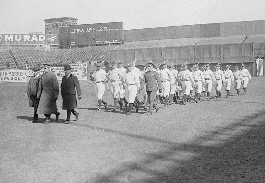 1917 New York Yankees practice marching. 1917 New York Yankees practice marching.