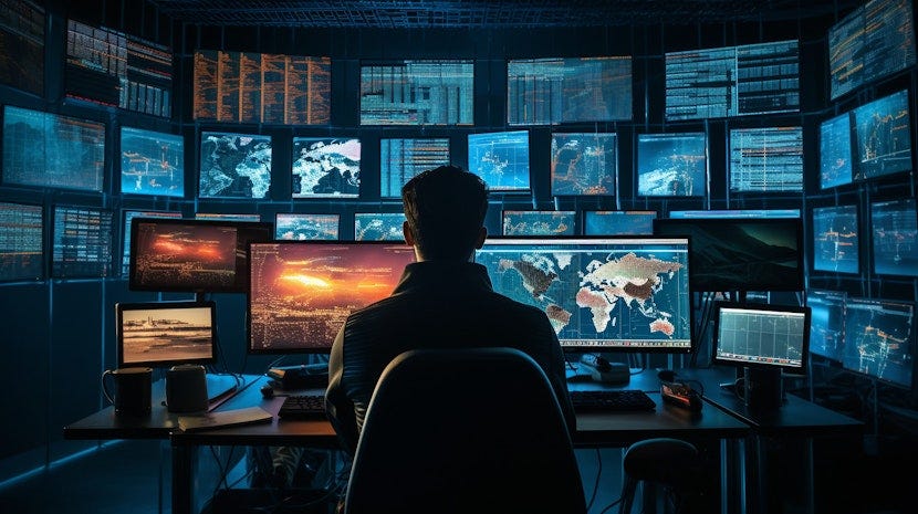 A cybersecurity analyst sits in a dimly lit control room, surrounded by multiple monitors displaying world maps, data streams, and threat detection visuals. The screens show global surveillance data, cyber threat analysis, and military intelligence, reflecting the use of AI in national security operations. A cybersecurity analyst sits in a dimly lit control room, surrounded by multiple monitors displaying world maps, data streams, and threat detection visuals. The screens show global surveillance data, cyber threat analysis, and military intelligence, reflecting the use of AI in national security operations.