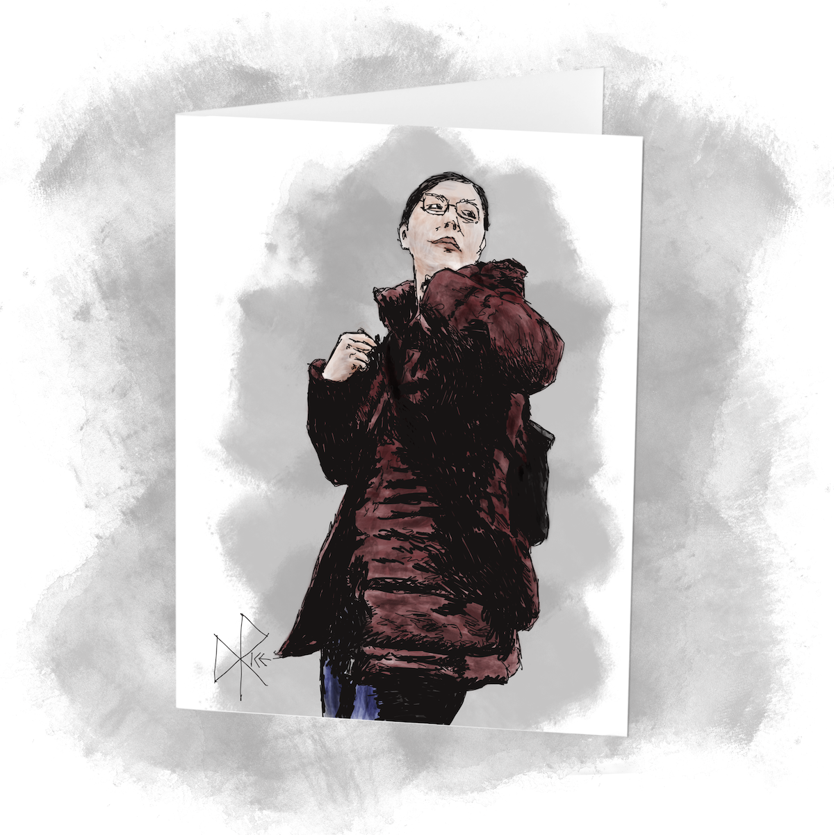 A woman straightening out her winter coat and shoulder bags, after coming indoors and unzipping but not removing the garment. Sketch art by Don Rice.