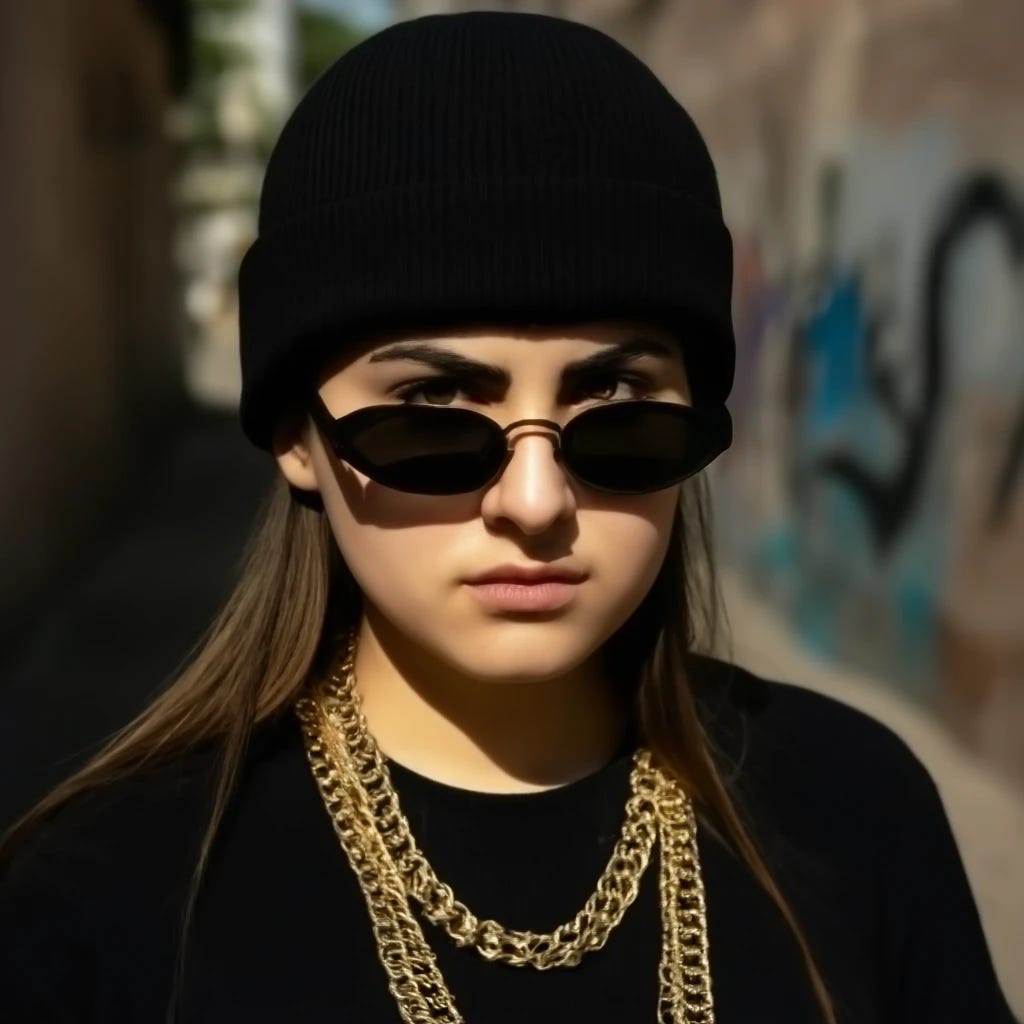 White woman dressed up as Vatos Locos mexican gangster with sunglasses, knit cap, and gold chains 