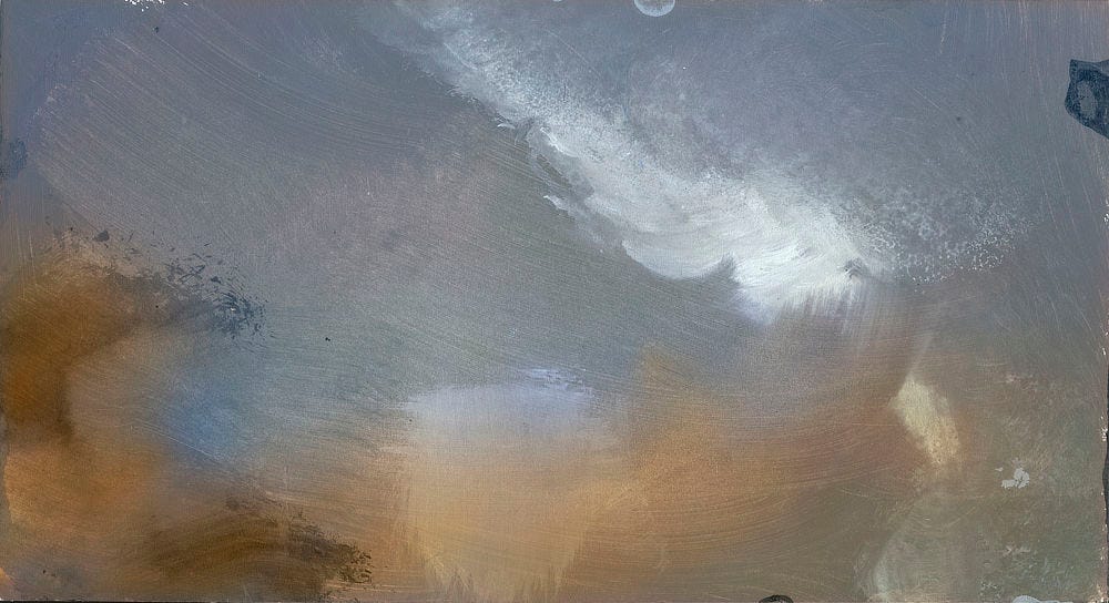 Palette that inspired THE LOST CITY. The top is gray with white angling across suggesting the ridge of a mountain and snow beyond. In the lost half, rust colored strokes sweep left to right.