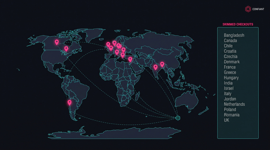 Map of countries with e-commerce storefronts compromised by the HexMage Magecart campaign