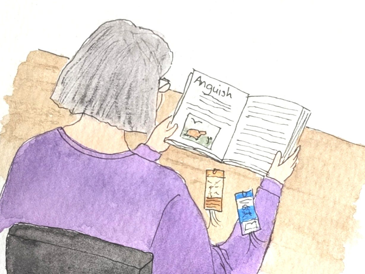 A gentle watercolour illustration viewed from behind shows a woman with grey bobbed hair seated at a table reading an open book with the heading "Anguish". Two bookmarks have fallen onto the table beneath the book. The image symbolises noticing personal growth and reflecting on how far one has travelled through difficult emotions.