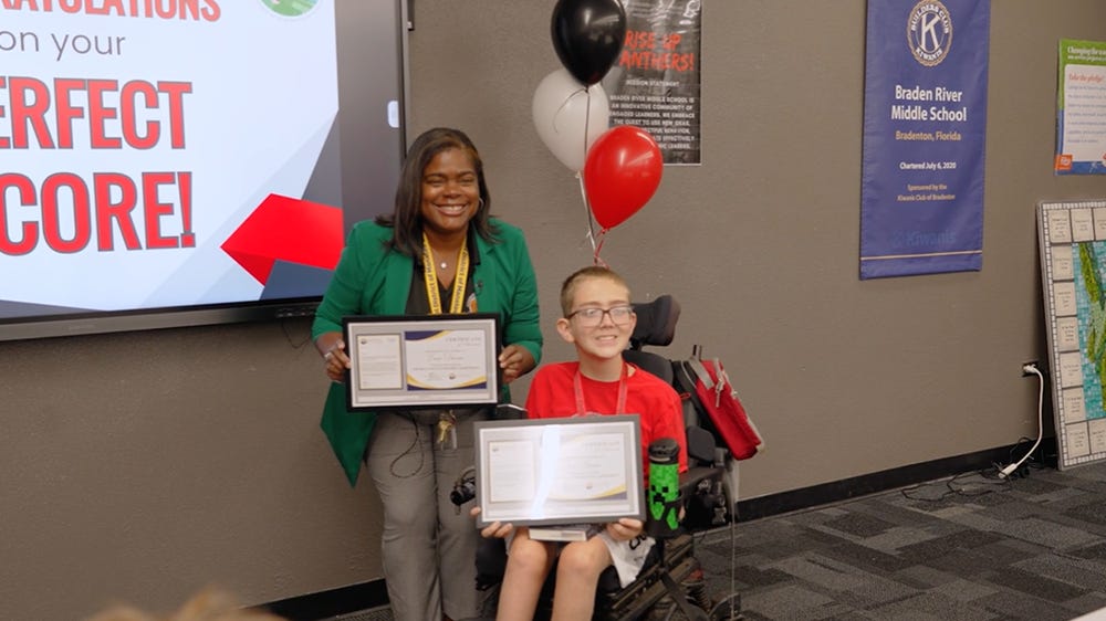 Braden River Middle School Honors 7th Grader for Perfect FAST Scores in Reading and Math