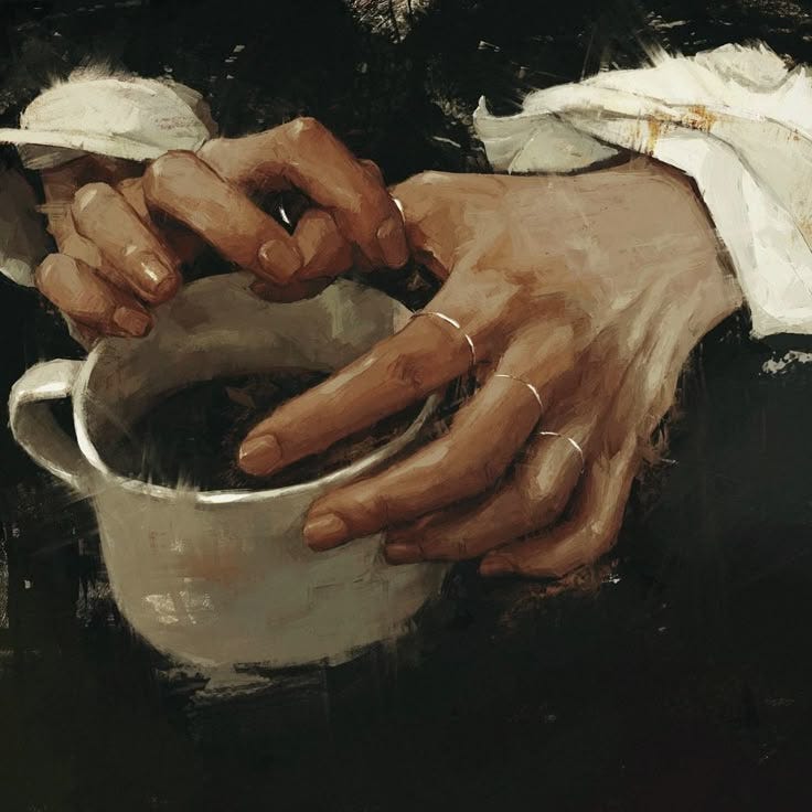 This may contain: a painting of two hands holding a white cup with something in it's left hand